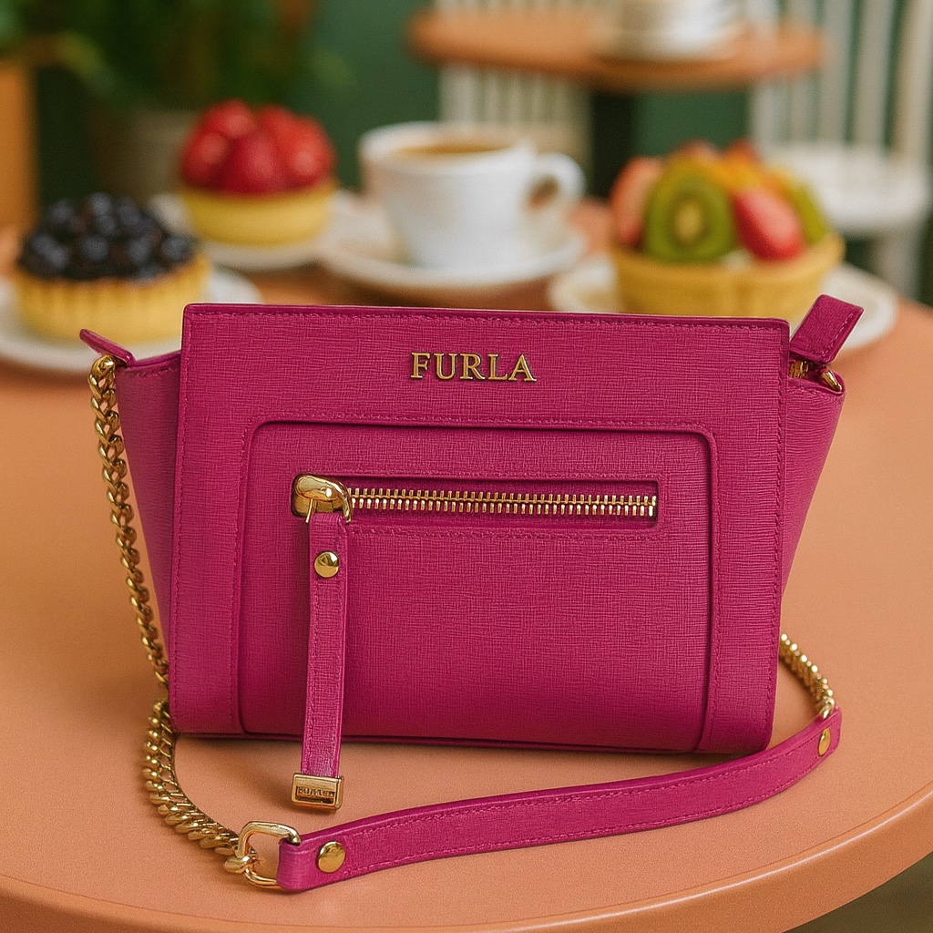 Furla Ginevra Gloss Fuxia Pink Saffiano Leather Chain Strap Mini Crossbody Bag